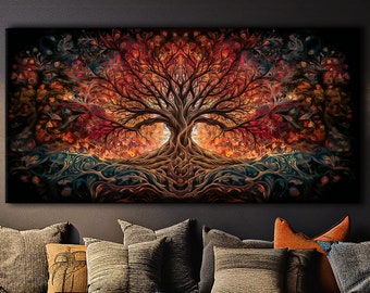 Yggdrasil Fire Canvas Painting, Autumn Tree of Life, Fine Art Print, Norse Mythology Art, Fire Tree of Life, Fall Wall Art, Ready to Hang