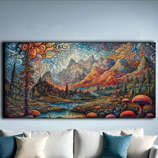 Impression de peinture paysage psychédélique, art de la forêt de la rivière de montagne, toile de champignons magiques, oeuvre d'art psychédélique complexe, art des champignons vibrants