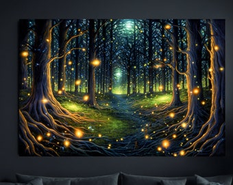 Fireflies Forest Painting Canvas Print, Magic Forest Wall Art, Psychedelic Artwork, Electric Forest, Forest Trail Decor, Illumination Art