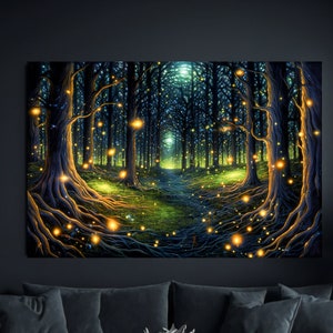 Fireflies Forest Painting Canvas Print, Magic Forest Wall Art, Psychedelic Artwork, Electric Forest, Forest Trail Decor, Illumination Art