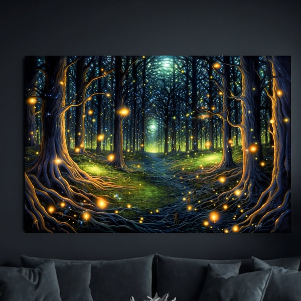 Luciérnagas bosque pintura lienzo impresión, arte de la pared del bosque mágico, obras de arte psicodélicas, bosque eléctrico, decoración del sendero del bosque, arte de iluminación