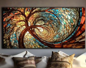 Mosaic Tree Canvas Print: Abstract Spiral, Stained Glass Style