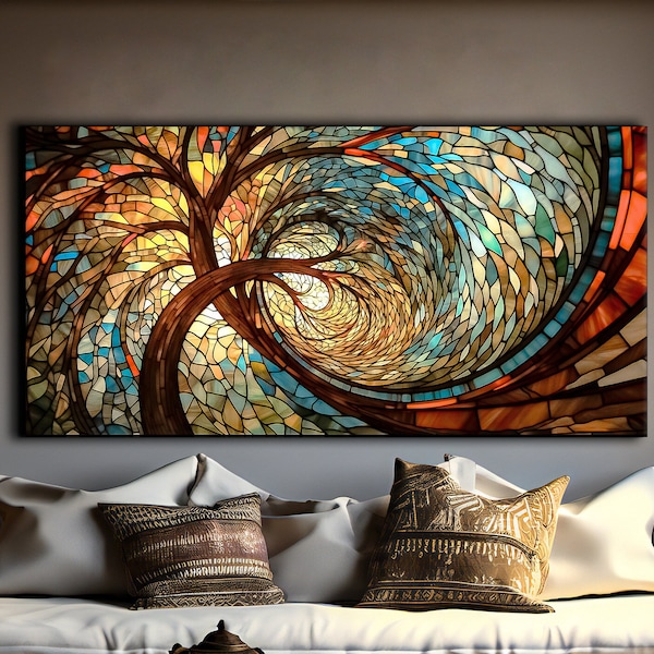 Abstract Tree Spiral Painting, Vibrant Mosaic Canvas Print, Stained Glass Effect, Psychedelic Wall Art, Intricate Details, Ready to Hang