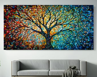 Pintura de mosaico colorido de Yggdrasil, obra de arte del árbol de la vida, impresión de lienzo de vidrieras, arte de mitología nórdica, regalo de mitología, obras de arte celtas