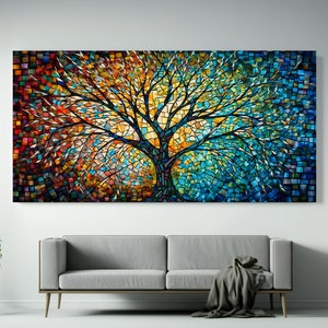 Yggdrasil Colorful Mosaic Painting, Tree of Life Artwork, Stained Glass Canvas Print, Norse Mythology Art, Mythology Gift, Celtic Artwork