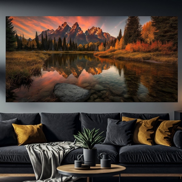 Grand Tetons Bergsee Spiegelung, Herbst Sonnenuntergang Leinwand, rustikale Wohnkultur, Natur Wandkunst, Geschenk für Wanderer, Landschaftsdruck