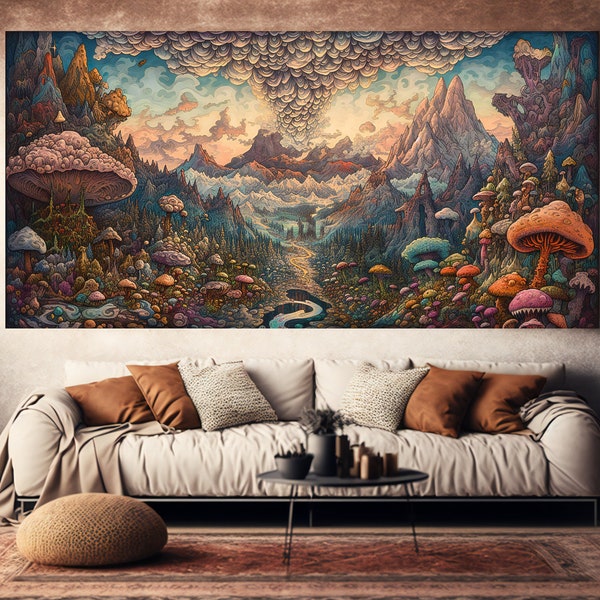 Psychedelic Mushroom Landscape, Fantasy Art Canvas Print, Pastel Oil Painting, Gift for Art Lovers, Enchanted Forest Decor, Trippy Wall Art