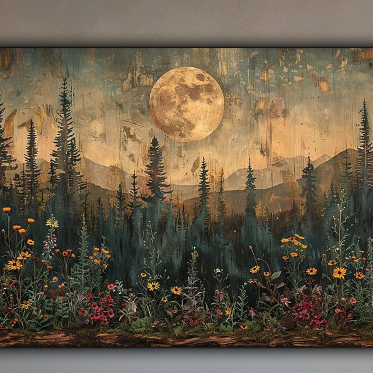 Full Moon Alpine Forest Canvas, Woodland Wildflower Painting Print, Rustic Mountain Wall Art, Nature Lover Home Decor Gift, Ready to Hang - Etsy