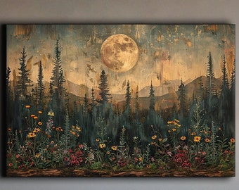 Moonlit Pine Tree Forest Canvas Print, Rustic Mountain Wall Art, Full Moon Wildflower Painting, Woodland Home Decor, Nature Lover Gift