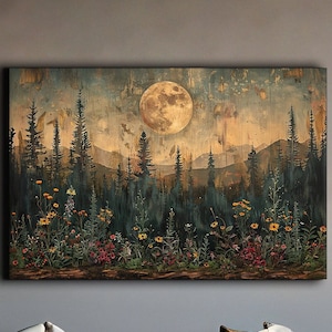 Mondschein Kiefernwald Leinwanddruck, Rustikale Berg Wand Kunst, Vollmond Wildblumen Malerei, Wald Wohnkultur, Geschenk für Naturliebhaber