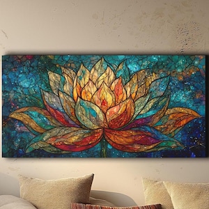 Gebrandschilderd glas lotusbloem canvas: kosmische mandala zenkunst