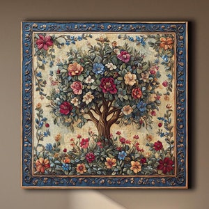 Bunter Blumenbaum Kunstdruck, Vintage botanische Wandkunst, Naturmalerei, Gartendekor, Cottagecore Dekor, Weihnachtsgeschenk
