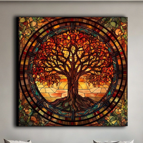 Autumn Tree of Life Mandala, Yggdrasil Fall Painting Print, Stained Glass Canvas, Norse Mythology Art, World Tree Artwork, Autumn Décor