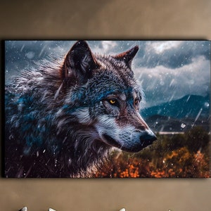 Winter Sentinel Wolf Canvas Print, Autumnal Wilderness Art, Snowflakes and Timberwolf Portrait, Nature's Guardian Wall Art