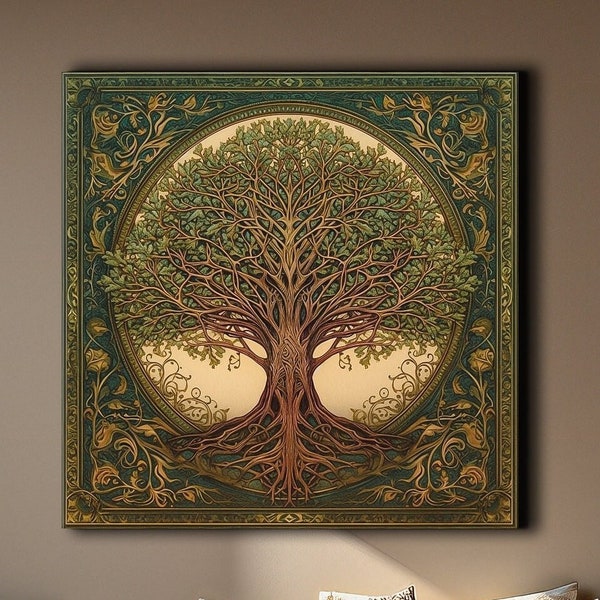 Yggdrasil Painting Canvas Print, Tree of Life Mandala, Celtic Wall Art, Natural Earthy Tones, Symbolic Wall Décor, Norse Mythology Art