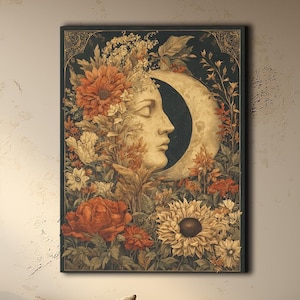 Moon Goddess Floral Canvas Print: Vintage Botanical Art Nouveau Decor