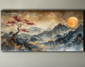 Chinese Landscape Canvas Print: Golden Moon, Red Maple Tree Wall Art