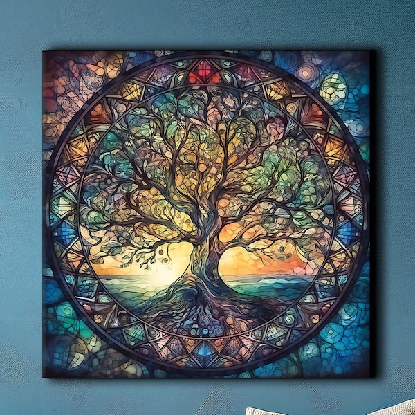 Yggdrasil Painting Canvas Print, Tree of Life Mandala, Stained Glass Effect, Celtic Wall Art, Norse Mythology Art, Symbolic Artwork Gift