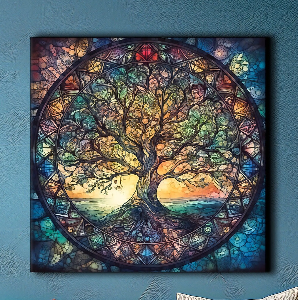 Yggdrasil Painting Canvas Print, Tree of Life Mandala, Stained Glass Effect, Celtic Wall Art, Norse Mythology Art, Symbolic Artwork Gift