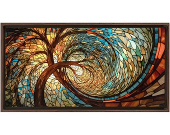 Tree Spiral Framed Canvas Print: Abstract Stained Glass Effect Wall Art