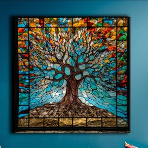 Tree of Life Stained Glass, Yggdrasil Wall Art, Vibrant Mosaic Wall Art, Fine Art Canvas Print, Mythology Lover Gift, Norse Mythology Art