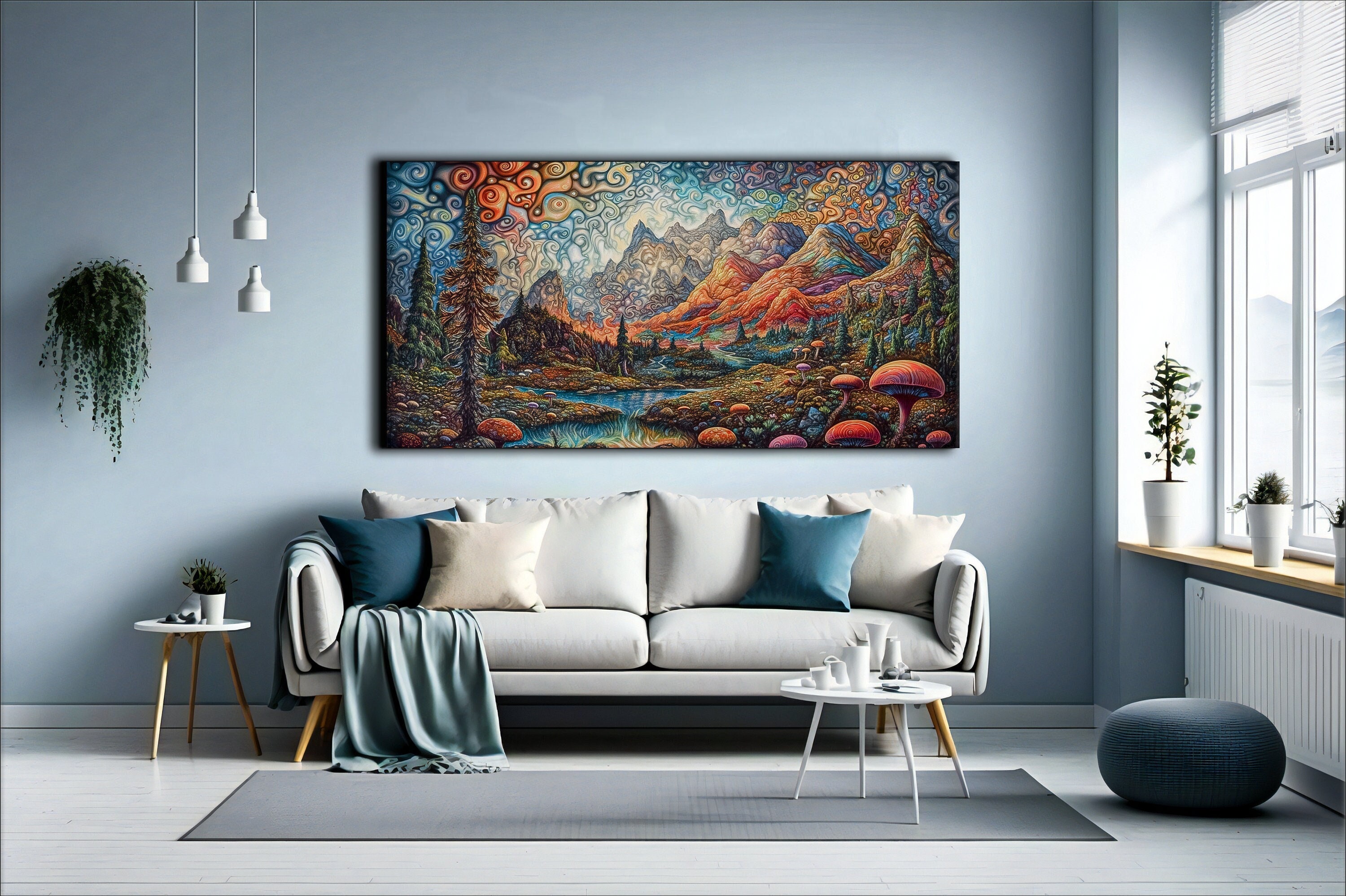 Psychedelic Mountain River Canvas Print: Vibrant Fungi Art