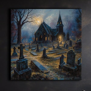 Haunted Graveyard Church Painting, Haunted House, Gothic Cemetery, Halloween Canvas Print, Gothic Architecture, Halloween Gift