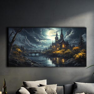 Dark Gothic Castle Canvas Print, Moon Riverscape Art, Detailed Architecture Painting, Haunted House Artwork, Halloween Gift
