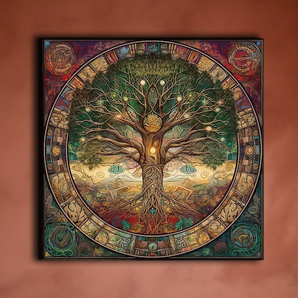 Yggdrasil Painting Canvas Print, Tree of Life Mandala, Stained Glass Effect, Rustic Earthy Décor, Celtic Wall Art, Tarot Card Art