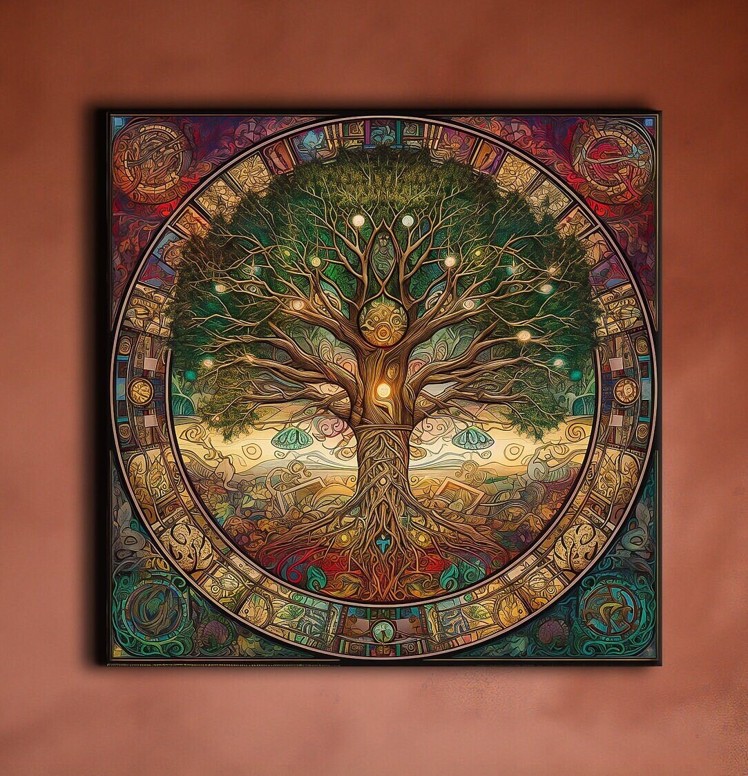 Yggdrasil Tree of Life Canvas Print: Stained Glass Mandala, Celtic Art