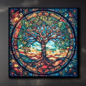 Yggdrasil Stained Glass Canvas, Tree of Life Painting, Celtic Wall Art, Yggdrasil Wall Art Print, Mythology Gift, Norse Mythology Art