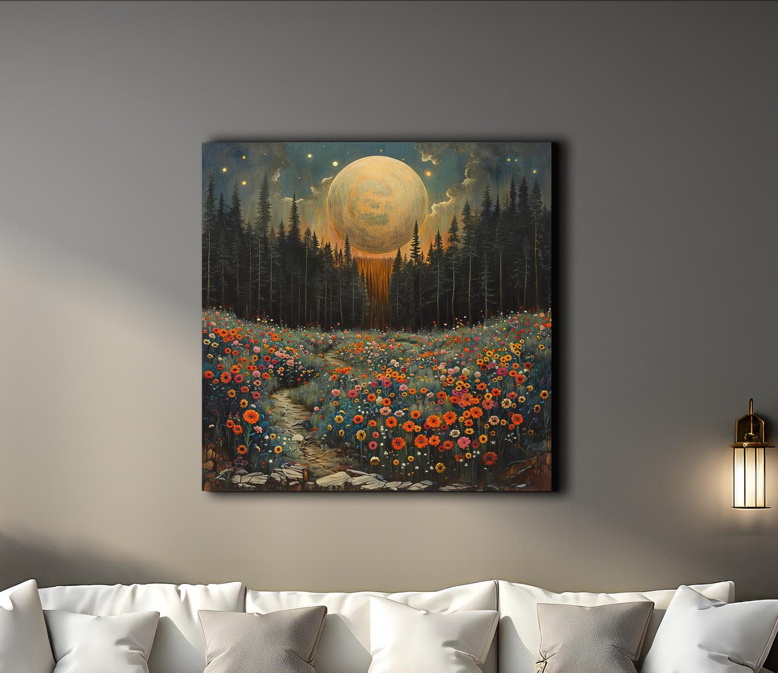 Moonlit Meadow Canvas Print: Wildflower Night Wall Art