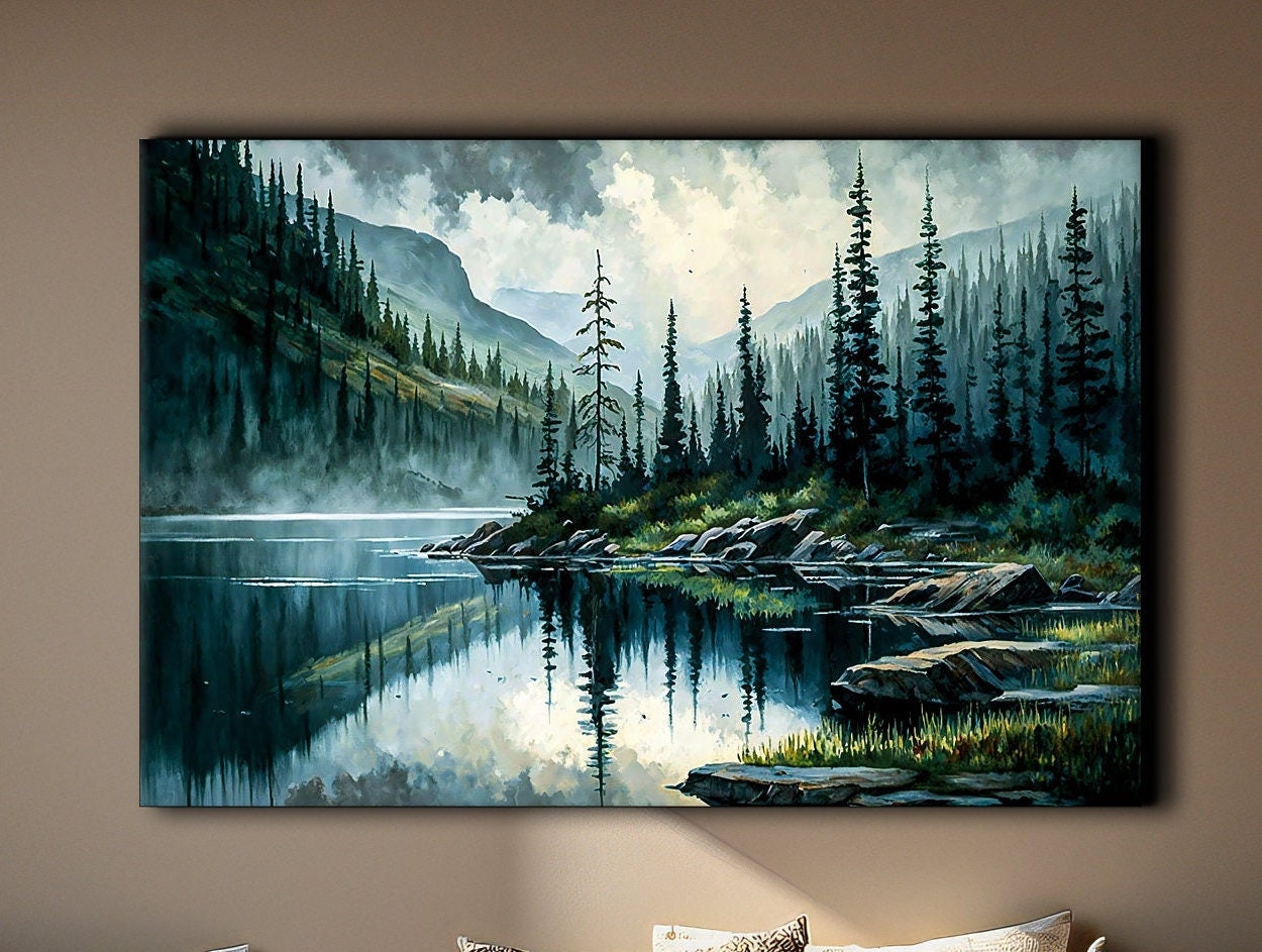 絵画 Mountain ridge lake Painting Canvas Mountain Ridge Valley and Lake Vintage