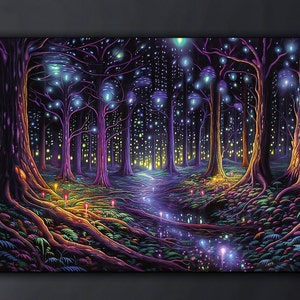 Dipinto di lucciole che illuminano la foresta, foresta psichedelica luminosa, stampa su tela fantasy al neon, opera d'arte con illusione ottica