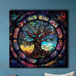 Tree of Life Mandala, Yggdrasil Painting Canvas, Stained Glass Print, Norse Mythology Art, World Tree Art, Celtic Décor, Interconnectedness