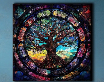 Tree of Life Mandala Canvas: Stained Glass Yggdrasil, Norse Mythology Art