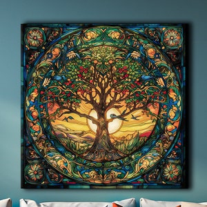 Tree of Life Mandala, Yggdrasil Canvas Painting, Stained Glass Print, Celtic Wall Art, Norse Mythology Art, Healing Artwork, Ready to Hang