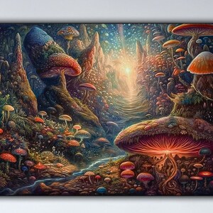魔法のキノコの森のキャンバス、スピリチュアルな森の小道のプリント、光る森の壁アート、複雑な菌類アート、キノコアートのギフト、トリッピーな自然
