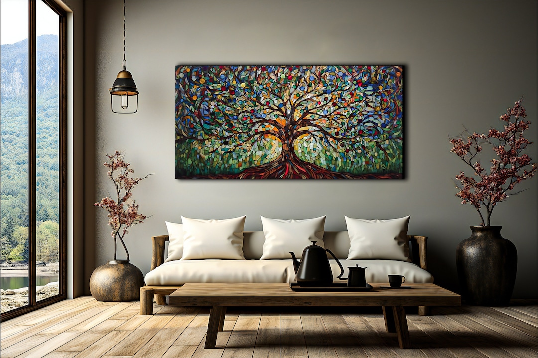 Yggdrasil Mosaic Painting, Vibrant Tree of Life, Stained Glass Canvas