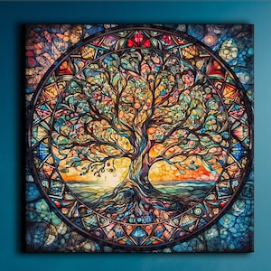 Tree of Life Mandala, Yggdrasil Painting Canvas, Mosaic Stained Glass Print, Mythology Gift, World Tree, Celtic Wall Art, Vibrant Mandala
