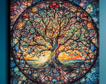 Tree of Life Mandala, Yggdrasil Painting Canvas, Mosaic Stained Glass Print, Mythology Art, World Tree Art, Celtic Wall Art, Vibrant Mandala