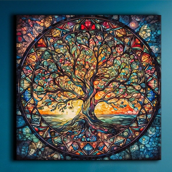 Mandala del árbol de la vida, lienzo de pintura Yggdrasil, impresión de vidrieras de mosaico, arte mitología, arte del árbol mundial, arte de la pared celta, mandala vibrante
