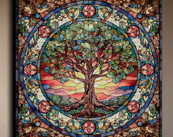 Yggdrasil Stained Glass Canvas, Tree of Life, Celtic Wall Art, Yggdrasil Wall Art, Norse Mythology Art, Mythology Gift, Stained Glass Print
