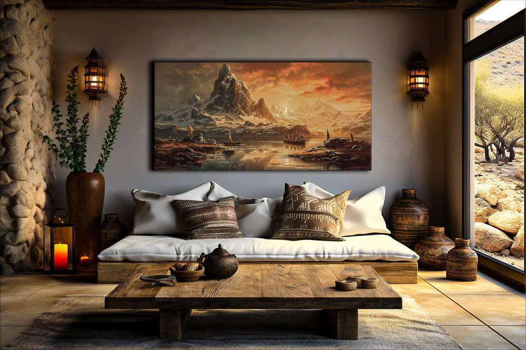 Viking Ships Painting Canvas Print, Mountain Ocean Wall Art