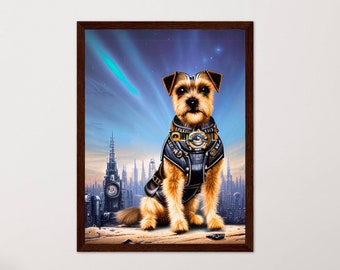 Steampunk/Sci-Fi beeinflusster Border Terrier Hund – Holzgerahmtes Poster – Wandkunst – Haustierportrait