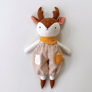 NEWEST Design- Deer Doll Linen Heirloom, Stuffed Animal Doll Deer Doll With Overalls, Hand Embroidered Handmade Fabric Doll