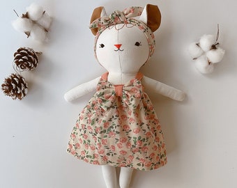 Cute Cat Doll, Kitty Doll With Pink Rose Sundress, Soft Doll Nature Linen Fabric, Handmade Stuffed Toy, Unique Art Doll, Doll Clothes