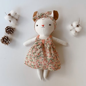 Cute Cat Doll, Kitty Doll With Pink Rose Sundress, Soft Doll Nature Linen Fabric, Handmade Stuffed Toy, Unique Art Doll, Doll Clothes