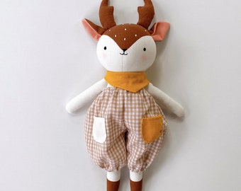 NEWEST Design- Deer Doll Linen Heirloom, Stuffed Animal Doll Deer Doll With Overalls, Hand Embroidered Handmade Fabric Doll