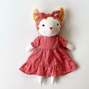 Kitty Doll With Pink Sundress, Soft Doll Linen Fabric, Stuffed Animal Toys And Clothes, Gift for Christmas, Christening, Birthday, Nursery image 1